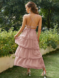 Backless layer ruffle lace up party dress women Summer sexy frills v-neck maxi dresses Spaghetti straps elegant