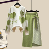Lazy Sweater Two Piece set Women Sweet Heart-shaped beaded Pullover Jumper Top + Irregular Striped Skirt Knit 2PCS
