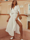Summer Casual White Tunic Beach Dress Summer Women Sexy Turn Down Collar Roll-up Sleeve Side Split Long Dress