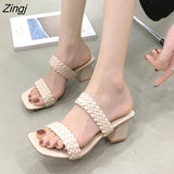 New Fashion Summer Women Sandals Ladies Shallow Mouth Colorblock High Thick Shoes Middle Heel Ladies Slippers Plus