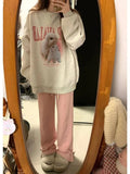 Fleece Chic Rabbit Pink Print Sudadera Vintage Autumn O Neck Loose Hoodie Y2k Pullovers Women Sweatshirt Long