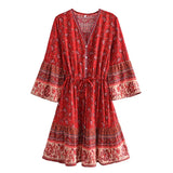 Queens Floral Print Bat Sleeve Beach Bohemian Mini Dress Ladies V Neck Tassel Summer Boho