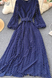 Vintage Yellow/Purple/Blue Polka Dot Chiffon Long Dress Women Elegant O-Neck Puff Sleeve Pleated Party Robe Female