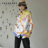 Designer Fall 2020 Women Blouse Long Sleeve Button Up Collar Shirt White Cotton Fashion Big Print Blouse