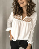 Women Chiffon V-Neck Blouse Summer Autumn Casual Long Sleeve Lace Solid Tops Loose Elegant Chic Bluses Shirts Plus