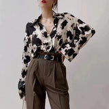 Print Button Up Shirts Women Korean Turn-Down Collar Long Sleeve Chiffon Blouse Streetwear Fashion Oversized 3Xl