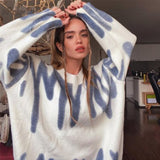 Winter Fashion Vintage Women Geometric Print O-neck Pullover Long Sleeve Loose Knitted Oversize Sweater