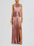 Women's Metallic Metallic Folding Fork With Hanging Neck Dress Sleeveless Back