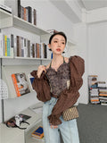 Brown Puff Sleeve Crop Halter Top Puff Sleeve Blouse Women Lantern Sleeve Backless Long Sleeve Top