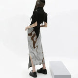 Y2K Retro Slit Skirts Women Summer High Waist Tie Dye Print Straight Skirts Harajuku Gothic Fashion Bandage Midi Skirt
