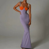 Patchwork Spaghetti Strap Maxi Dress For Women 2022 Summer Backless Sleeveless Split Elegant Bodycon Long