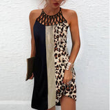 Autumn Halter Neck Leopard Mini Dress Sexy Vintage Vestidos De Fiesta Patchwork Print Sleeveless Beach Casual Dress