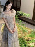 Women's Summer 2023 New French Fashion Elegant Ruffles Inclined Shoulder Print Dress Korean Fashion Pleated Evening Party