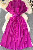 Women Irregular Pleated Party Long Dress Elegant Vacation Beach Draped Ruffle Vestidos Female Short Sleeve Maxi Robe