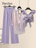 Women Summer Purple 3 Pieces Set 2023 Fashion Short Vest+long Sleeve Backless Chiffon Sunscreen Blouse+wide Leg Long Pants