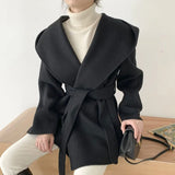 Chic Autumn French Temperament Hooded Pocket Design Strapped To The Waist Thin Solid Color Long-Sleeved