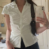 Solid Color Button Down Short Sleeve BlouseOutfit