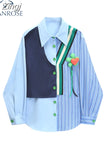 Women's Fake Two Pieces Striped Patchwork Shirt Chic Vintage Blouses Casual Lapel Collar Long Sleeve Loose Blouse