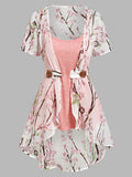Spring New Asymmetric Twinset Peach Blossom Print Irregular Blouse And Camisole Set Fashion Female Short Sleeve Chic
