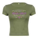 Fairy Grunge Y2K Letter Print Green T-shirts Goblincore Aesthetics Retro O-neck Basic Short Sleeve Graphic Tees