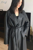 Spring Autumn Long Oversized Black Leather Trench Coat for Women Sashes Single Button Loose Stylish Korean Fashion