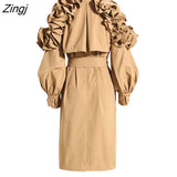 Fashion Women's Trench Coat Lapel Single Breasted Shoulder Ruffle Long Sleeve Belt Windbreaker Autumn 2023 New