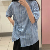 Plaid Shirt for Teenage Girls Summer New Harajuku Oversize Short Sleeve Checked Blouse Pink Button Up Cardigan