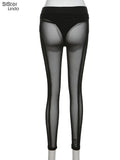 Sexy See Through Mesh Leggings Women Trend Striped Patchwork Briefs Waistband Fitness Pencil Trousers Female