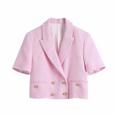 Fashion With Buttons Tweed Crop Pink Blazer Coat Women 2021 Vintage Long Sleeve Outerwear Chic Office Ladies Veste