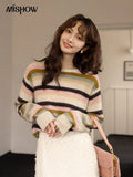 Women's Stripe Multicolour Sweaters 2022 Autumn Winter Loose O Neck Sweet Female Warm Knitted Tops Office Lady