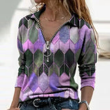 Women Long Sleeve V Neck Geometric Print Blouse Vintage Loose Polo Shirt Y2K Harajuku Oversize Tops Elegant Zip Sweatshirt