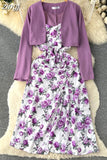 Women Two Piece Set Beach Vacation Long Sleeve Cardigans + Floral Spaghetti Strap Midi Dress Female Suit New