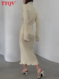 Elegant Slim Pleated Set Woman 2 Pieces Autumn Turtleneck Long Sleeve Shirt Casual Bodycon Midi Skirt Set Female