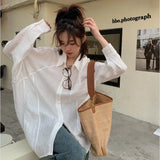 Ulzzang Ruched Oversized Baggy Shirt For Women Spring 2022 Green Button Up Shirt Blouse Long Sleeve Top Korean