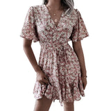 Women Dresses chiffon summer Sexy V Neck Floral Print Boho Beach Dress Short Sleeve A Line Mini Dress Wrap