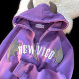 Horn Little Devil Letter Embroidered Zipper Hoodies Women Y2K Street Retro Trend Cardigan Couple Fashion