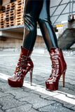 Onlymaker Women's Round Toe Wine Red Platform Side Zipper Thin Heel Thick Heel Short Boots Fashion Lady Booties Big