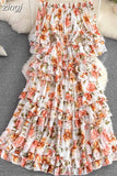 Vintage Floral Ruffle Chiffon Long Dress Women Sexy Slash Neck Off Shoulder Flare Sleeve High Waist A-Line Beach