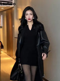 Autumn Long Black Patchwork Pu Leather Trench Coat for Women Double Breasted Loose Stylish Luxury Designer Clothing
