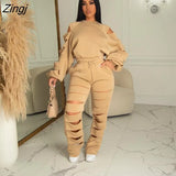 Casual Women Tracksuit Two Piece Set Hollow Out Streetwear + Long Pants Mathing Set Streetwear Clothes For Women