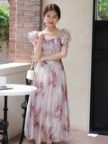 Fashion Floral Sweet Kawaii Fairy Dress Print Ruffles France Vintage Elegant Dress Women Holiday Korean Party Midi