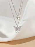 Rhinestone Butterfly Pendant Double Layered Necklace- Outfit