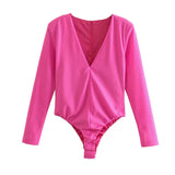 Sexy V-Neck Pink Blouse Women Bodycon Party Bodysuit Elegant Long Sleeve Auturn Shirt