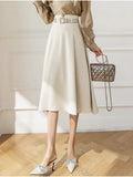 Women's Skirts High Waist Mid-calf A-line Pockets OL Skirt Solid Skirts for Women Vintage Fashion 2023 Summer Pleated Belt