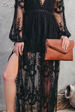 Lace Floral Mesh See Through Long Maxi Dress 2023 Summer Deep V-neck Long Lantern Sleeve Beach Dress Female