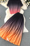 Women Pleated Two Piece Set Vintage Round Neck Short Sleeve Tops + High Waist Draped Skirt Gradient Suit Female New
