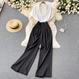 Lady Notched Collar Patchwork Romper Women Elegant Short Sleeve High Waist Wide Leg Playsuits Female Summer OL