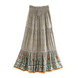 Queens Women Beige Floral Print Beach Bohemian Skirt High Elastic Waist Rayon Cotton Boho Maxi Skirts