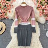 Winter 2021 Simple Warm Tight Dress Elegant Office Lady Dress Long Sleeve High Waist Pencil Stretch Knit Dress