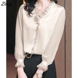 2022 Spring New Office Lady Long Sleeve Pullovers Lace Ruffles Chiffon Shirts Women's Clothing Vintage Elegant Blouse